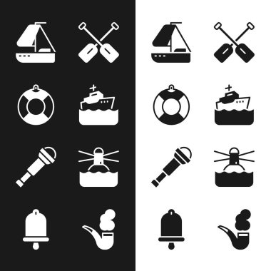 Seyir gemisi, Lifebuoy, Yat yelkenlisi, Paddle, Spyglass teleskop lensleri, Deniz feneri, tüten pipo ve gemi çanı ikonu. Vektör