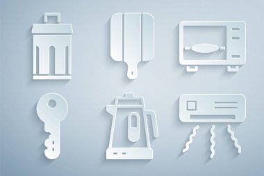 Elektrik ısıtıcısı, mikrodalga fırın, ev anahtarı, klima, kesme tahtası ve çöp kutusu ikonu. Vektör