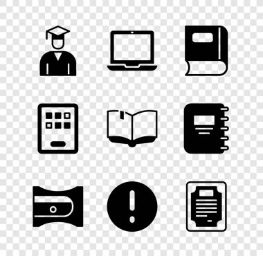 Mezuniyet şapkası, Laptop, Book, kalem açacağı, konuşma balonu ünlemi, sertifika şablonu, grafik tableti ve açık kitap simgesini ayarlayın. Vektör