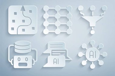 Sohbet robotu, huni ya da filtre, yapay zeka robotu, sinirsel ağ ve simgeyi ayarla. Vektör