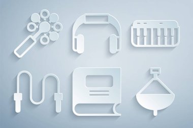 Set Kitabı, Müzik Sentezleyicisi, Zıplama İpi, Girdap oyuncağı, Kulaklık ve Çıngıraklı Bebek ikonu. Vektör