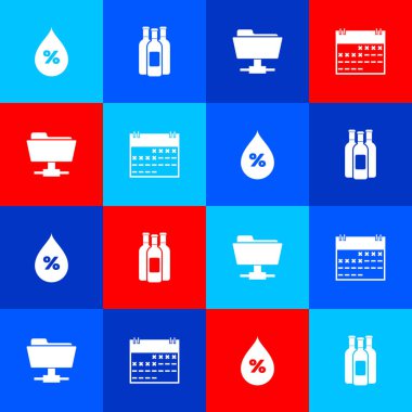 Su bırakma yüzdesini, şarap şişelerini, FTP klasörünü ve takvim simgesini ayarla. Vektör.