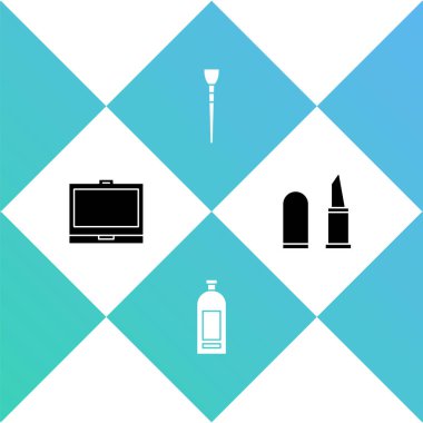 Makyaj tozunu aynayla, şampuan şişesiyle, fırçayla ve ruj ikonuyla ayarla. Vektör.