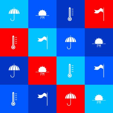 Şemsiye, Günbatımı, Meteoroloji termometresi ve rüzgar gülü ikonu. Vektör.