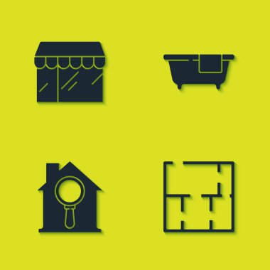 Market, ev planı, arama evi ve küvet ikonu ayarla. Vektör.