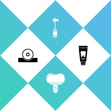 Otolaryngological baş yansıtıcısı, diş implantı, diş fırçası ve diş macunu ikonu tüpünü ayarla. Vektör.