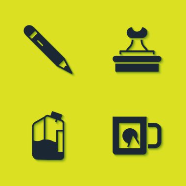 Silgi, kahve fincanı, yazıcı mürekkebi şişesi ve pul ikonuyla doldur. Vektör.