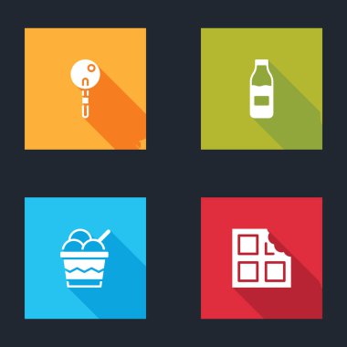 Set lolipop, sütle şişe, kasede dondurma ve çikolata ikonu. Vektör