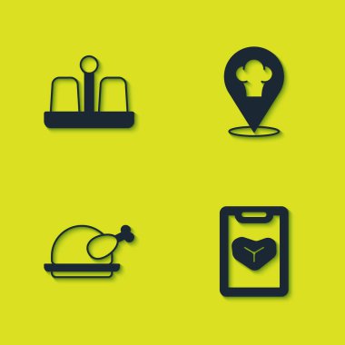 Tuz ve biber, restoran kafe menüsü, kızarmış hindi ya da tavuk ve konum ikonlu Şef şapkası. Vektör