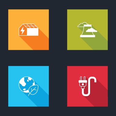 Güneş enerjisi paneli, nükleer enerji santrali, Dünya küresi, yaprak ve elektrik prizi ikonunu ayarla. Vektör