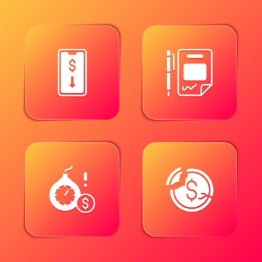 Mobil hisse senedi ticareti, sözleşmeli para ve kalem, para bombası krizi ve dolar oranı azaltma ikonu ayarlayın. Vektör