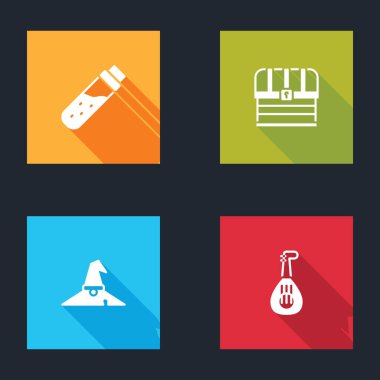 İksir, Göğüs, Cadı şapkası ve Lavta ikonuyla şişeyi hazırla. Vektör