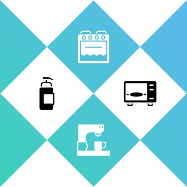 Antibakteriyel sabun, kahve makinesi, fırın ve mikrodalga fırın ikonu hazırla. Vektör