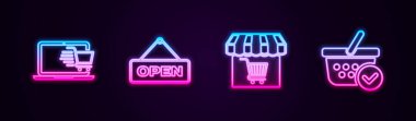 Dizüstü bilgisayarda alışveriş arabası, açık kapılı tabela, market alışverişi ve basket işareti. Parlayan neon ikonu. Vektör.