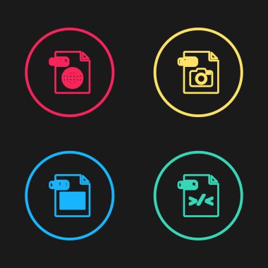 Satır XLS dosya belgesi, XSL, RAW ve HTML simgesini ayarla. Vektör.