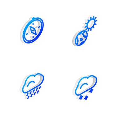Isometric hattını Dünya küresi ve güneşi, Pusulayı, Bulutu yağmur ve kar ikonuyla ayarla. Vektör.