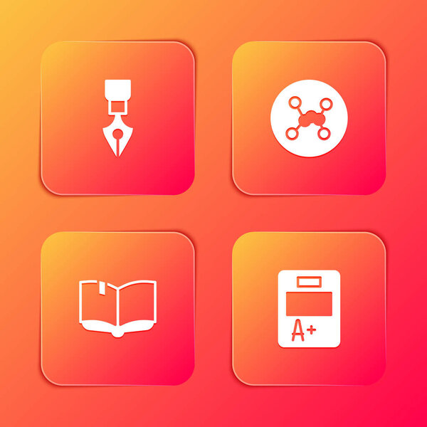 Set Fountain pen nib, Chemical formula, Open book and Exam sheet with A plus grade icon. Vector