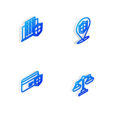 Isometric hattı konum kalkanı, House with, kredi kartı ve adalet ikonu ölçeklerini ayarla. Vektör