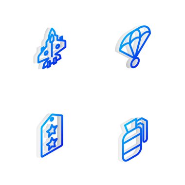 Isometric Hattı Paraşütü, Jet Savaşçısı, Askeri rütbe ve El bombası ikonu. Vektör