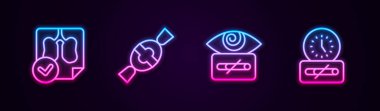 Ciğerleri X-ray, Candy, Hipnoz ve sigara içme zamanı. Parlayan neon ikonu. Vektör