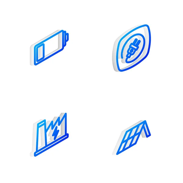 Set Línea Isométrica Enchufe Eléctrico Batería Central Nuclear Icono Del — Archivo Imágenes Vectoriales