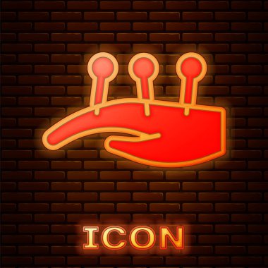 Duvarda izole edilmiş el ikonunda parlayan neon akupunktur terapisi. Çin ilacı. Holistik ağrı kontrol tedavileri. Vektör.