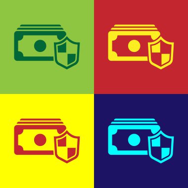 Renk arkaplanında kalkan simgesi olan Pop Art Money. Sigorta konsepti. Güvenlik, güvenlik, koruma, konsept koruma. Vektör..
