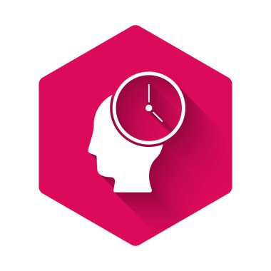 Beyaz Zaman Yönetimi simgesi uzun gölgeli izole edildi. Saat ve vites tabelası. Üretkenlik sembolü. Pembe altıgen düğmesi. Vektör.