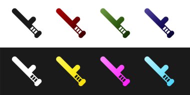 Polis kauçuk çubuk simgesini siyah beyaz arkaplanda izole et. Kauçuk copu. Polis yarasası. Polis ekipmanları. Vektör.