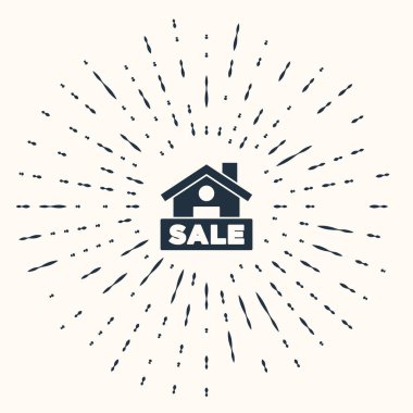 Bej arka planda izole edilmiş mesaj satış simgesi olan gri asma tabelası. Mesaj indirimli tabela. Soyut çember rastgele noktalar. Vektör