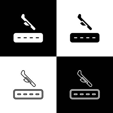 Uçak iniş simgesini siyah beyaz arkaplanda izole et. Uçak taşıma sembolü. Vektör