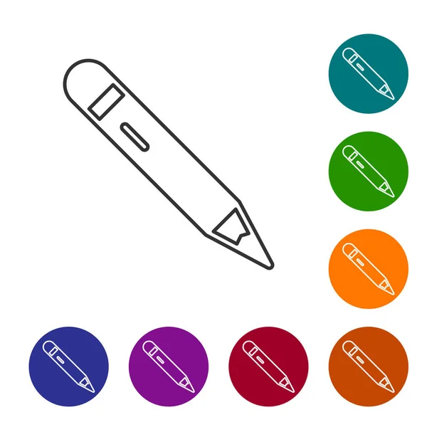黑线铅笔与橡皮图标隔离在白色背景 绘画和教育工具 学校的校徽在彩色圆形按钮中设置图标 — 图库矢量图片
