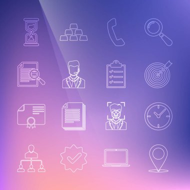 Satır haritası pin, saat, oklu hedef, telefon ahizesi, adam kulaklığı, belge araması, eski kum saati ve pano kontrol listesi simgesi. Vektör