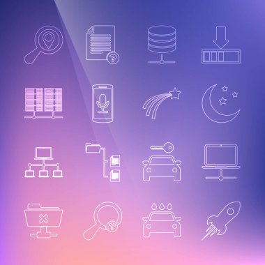 Roket gemisini ateş, Bilgisayar ağı, Ay ve yıldızlar, Sunucu, Data, Web Sunucusu, Mobil kayıt, Arama konumu ve Düşen simgesi ile ayarlayın. Vektör