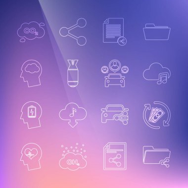 Satır Paylaşımı dizini, İade parası, Müzik akışı hizmeti, dosya, Havacılık bombası, Bulutlu baş silueti, CO2 emisyonları ve Araba Paylaşım ikonu. Vektör