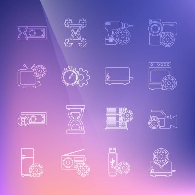 Tost makinesi ayarları, video kamera, fırın, matkap, zaman yönetimi, TV, hızlı ödemeler ve simge. Vektör