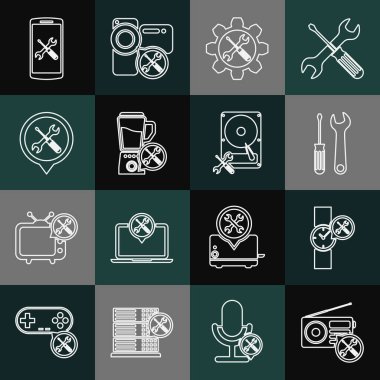 Radyo servisini, kol saatini, tornavidayı ve anahtarı ayarlayın, tornavida viteste, blender, konum, akıllı telefon ve sabit disk simgesini ayarlayın. Vektör