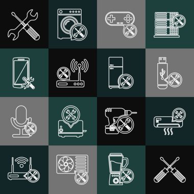 Hattı kesiştirilmiş tornavidalar, klima servisi, USB flaş, Gamepad, Router wi-fi, akıllı telefon ve ingiliz anahtarı ve buzdolabı ikonu. Vektör