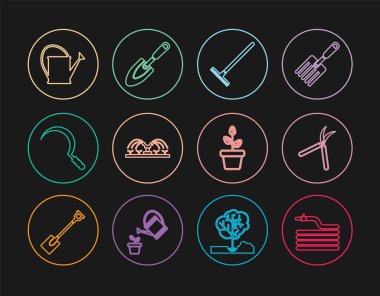 Hortum veya itfaiye hortumu, bahçe makası, tırmık, otomatik sulama fıskiyeleri, Orak, sulama kutusu, saksı ve kürek ikonu. Vektör