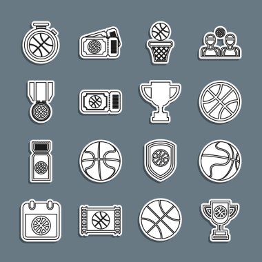 Basketbol topu, basketbol topu, ve, maç bileti, madalya, Kronometre ve ikonlu çizgi ödül kupası. Vektör