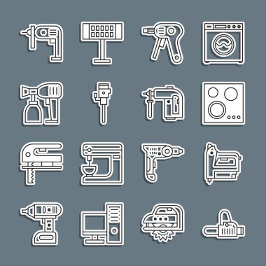 Sabit hat testeresi, elektrikli inşaat zımbası, gaz sobası, sıcak tutkal tabancası, inşaat matkabı, boya spreyi, matkap ve Rotary ikonu. Vektör