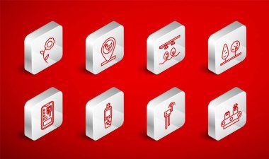 Hat taşıma bandını kutu, tavuk çiftliği ve konumu, akıllı ampul fabrikası, ağaçlar, Router kablosuz ağ sinyali, çiçek, taşınabilir sensör ve kontrol sistemi ikonu ile ayarla. Vektör