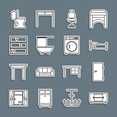 Televizyon sehpası, kapalı kapı, yatak, ofis sandalyesi duş perdeli küvet, raflar, klozet ve çamaşır yıkama ikonu. Vektör