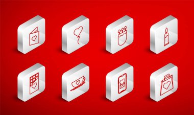 Yürekli alışveriş torbası, balon biçimi Quiver ve oklar, yanan mum, Mobil, Sevgililer Günü broşürü, kahve fincanı ve çikolata ikonu. Vektör