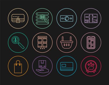 Satır tüketicisi veya müşteri ürün derecelendirmesi, kağıt para nakit, mobil, büyüteç ve dolar, kilitli kredi kartı, alışveriş sepeti ve arama tarayıcı pencere simgesi. Vektör