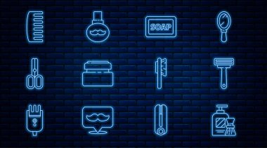 Tıraş köpüğü, fırça, jilet, sabun, krem losyon kozmetik tüpü, makas kuaförü, saç fırçası ve sakal bıyığı yağ şişesi ikonu. Vektör