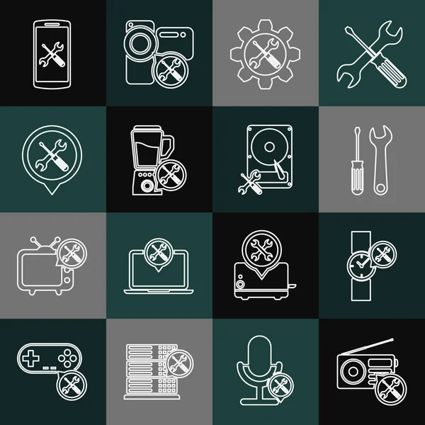 Radyo servisini, kol saatini, tornavidayı ve anahtarı ayarlayın, tornavida viteste, blender, konum, akıllı telefon ve sabit disk simgesini ayarlayın. Vektör