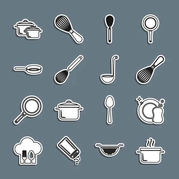 Set Line Cooking Pot Washing Dishes Kitchen Whisk Frying Pan — Stock Vector