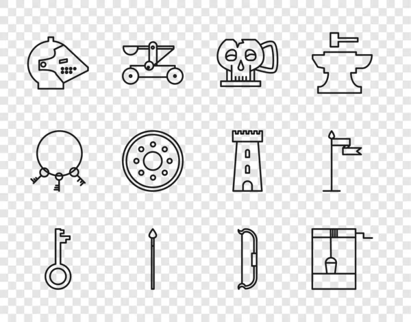 Set Line Llave Antigua Pozo Con Cubo Copa Del Cráneo — Vector de stock