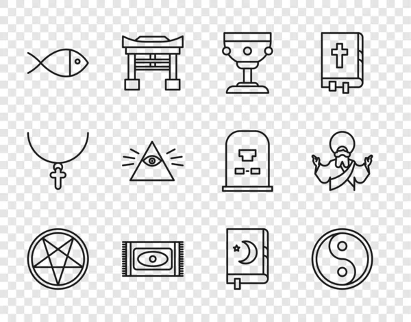 Ustaw Linię Pentagram Kole Yin Yang Chrześcijański Kielich Tradycyjny Dywan — Wektor stockowy